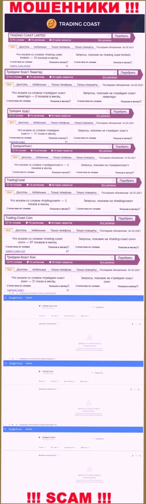 Скриншот результата онлайн запросов по незаконно действующей конторе Трейдинг Коаст