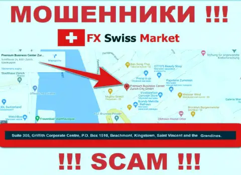 Организация FX SwissMarket указывает на веб-сервисе, что расположены они в офшорной зоне, по адресу Suite 305, Griffith Corporate Centre, P.O. Box 1510,Beachmont Kingstown, Saint Vincent and the Grenadines