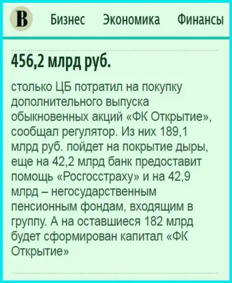 Как говорится в ежедневной деловой газете Ведомости, около 0.5 трлн. российских рублей ушло на докапитализацию холдинга Открытие