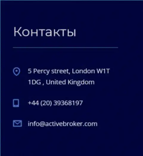 Адрес главного офиса конторы Актив Брокер, приведенный на официальном сайте этого Форекс брокера